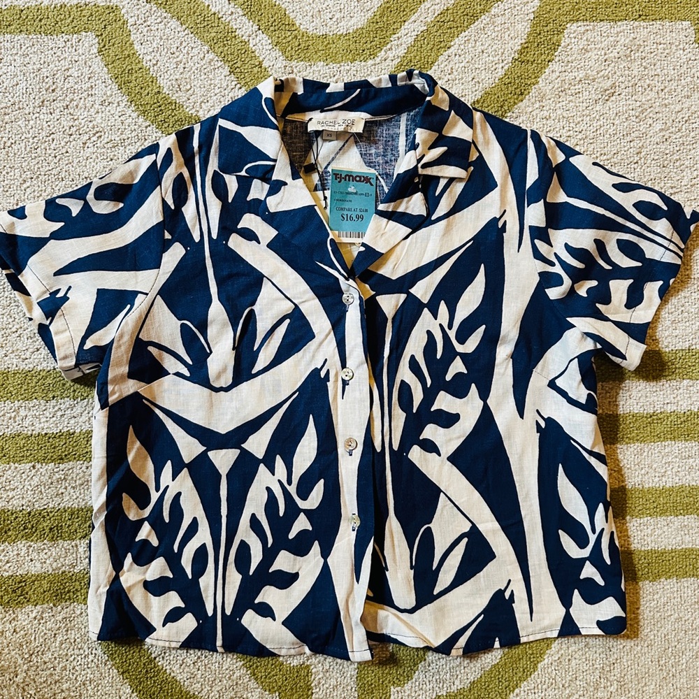Rachel Zoe Navy and White Leaf Print Shirt/Pant Set